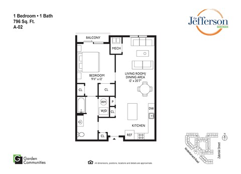 Floor plan for 1 bed, 1 bath, 796 sqft